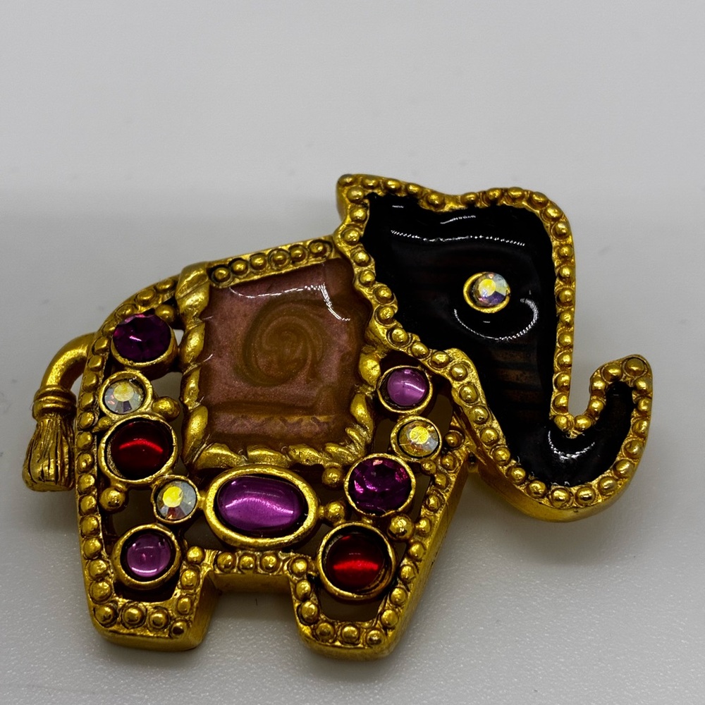 Gold and Black Elephant Brooch with Gem Accents